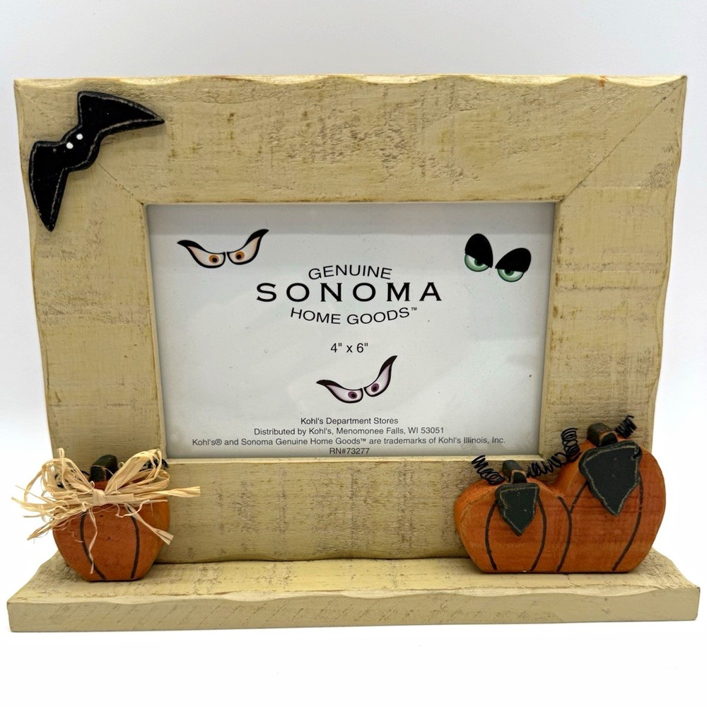 Sonoma 4x6 Wood Halloween Photo Frame Pumpkin Bat Distressed Clear Glass Stand